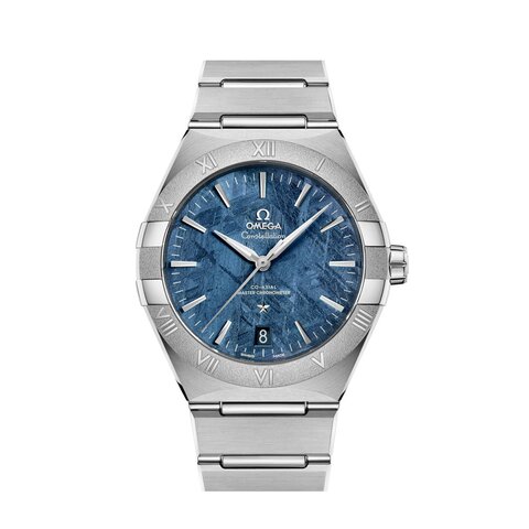 Omega horloge met een kast in staal, met een wijzerplaat in het blauw en een diameter van 41 mm