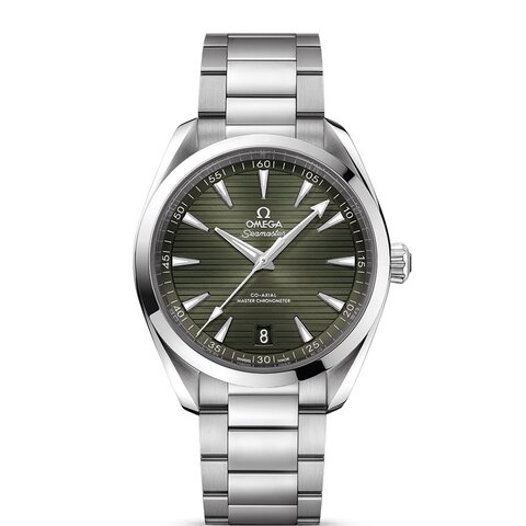 Omega horloge met een kast in staal, met een wijzerplaat in het groen en een diameter van 41 mm