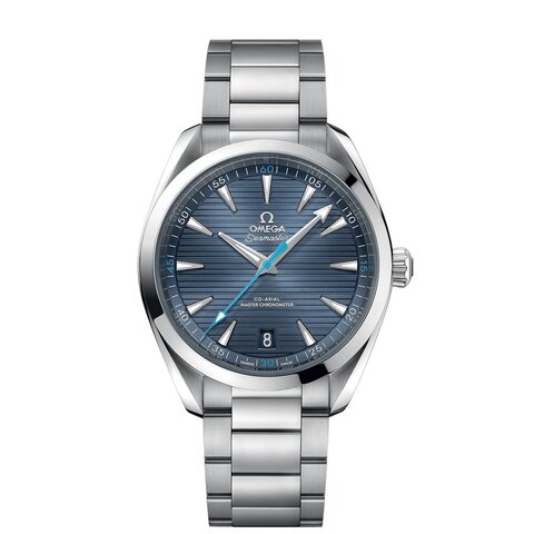 Omega horloge met een kast in staal, met een wijzerplaat in het blauw en een diameter van 41 mm