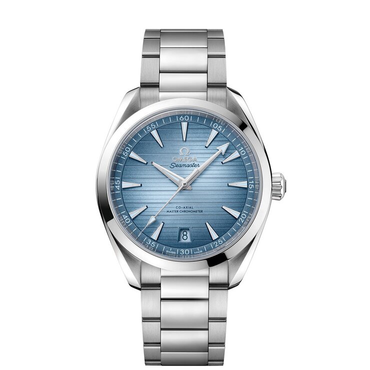 Omega horloge met een kast in staal, met een wijzerplaat in het blauw en een diameter van 41 mm