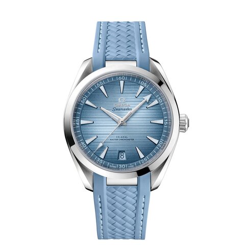 Omega horloge met een kast in staal, met een wijzerplaat in het blauw en een diameter van 41 mm