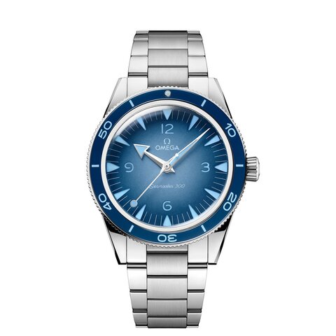 Omega horloge met een kast in staal, met een wijzerplaat in het blauw en een diameter van 41 mm