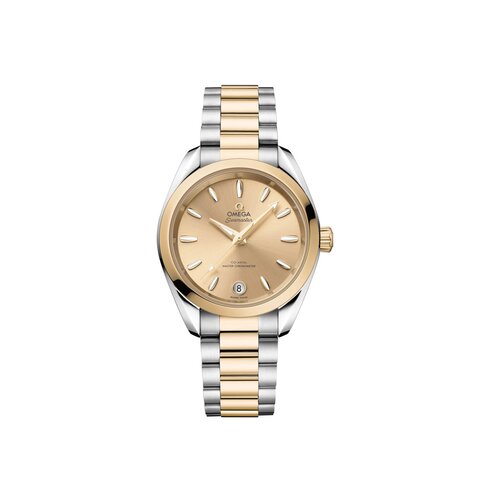 Omega horloge met een kast in geel goud op staal, met een wijzerplaat in het geel en een diameter van 34 mm