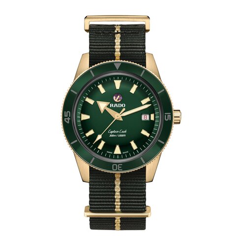 Rado horloge met een kast in brons, met een wijzerplaat in het groen en een diameter van 42 mm