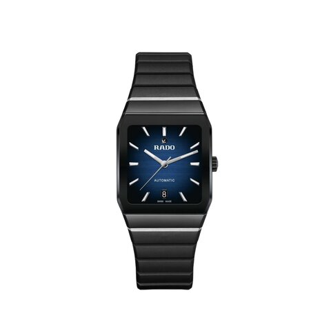 Rado horloge met een kast in keramiek en een wijzerplaat in het blauw