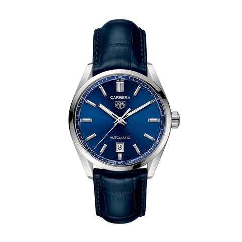 TAG Heuer horloge met een kast in staal, met een wijzerplaat in het blauw en een diameter van 39 mm