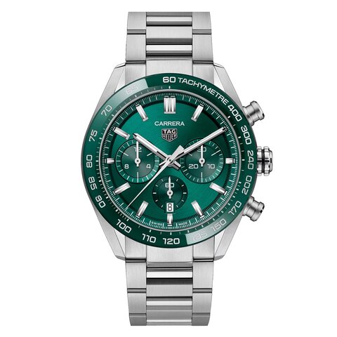 TAG Heuer horloge met een kast in staal, met een wijzerplaat in het groen en een diameter van 44 mm