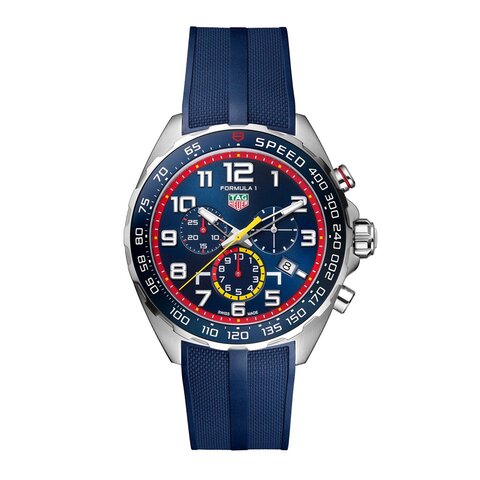 TAG Heuer horloge met een kast in staal, met een wijzerplaat in het blauw en een diameter van 43 mm