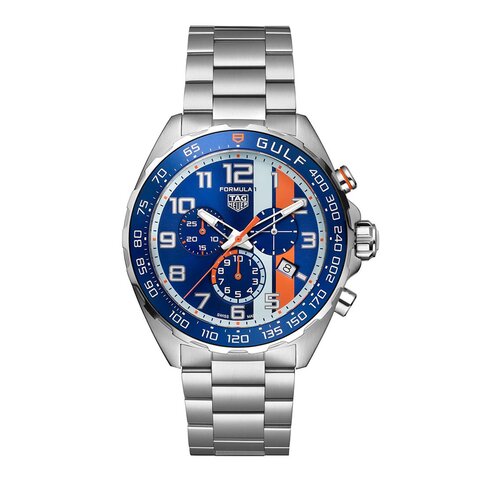 TAG Heuer horloge met een kast in staal, met een wijzerplaat in het blauw en een diameter van 43 mm