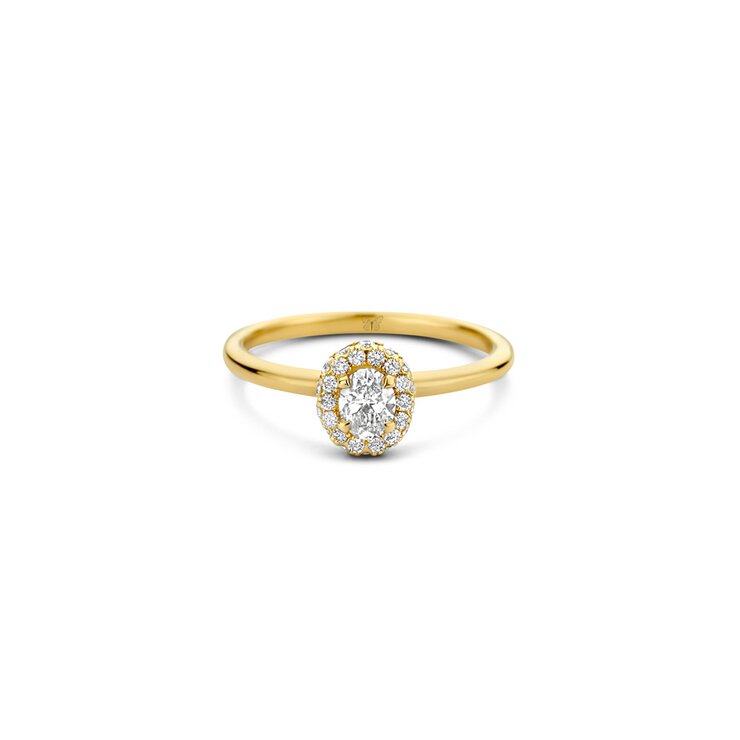 The Exclusive Collection verlovingsring in geel goud 18kt met ovalen diamant van 0,32 karaat als hoofdsteen omringd door briljanten van 0,22 karaat