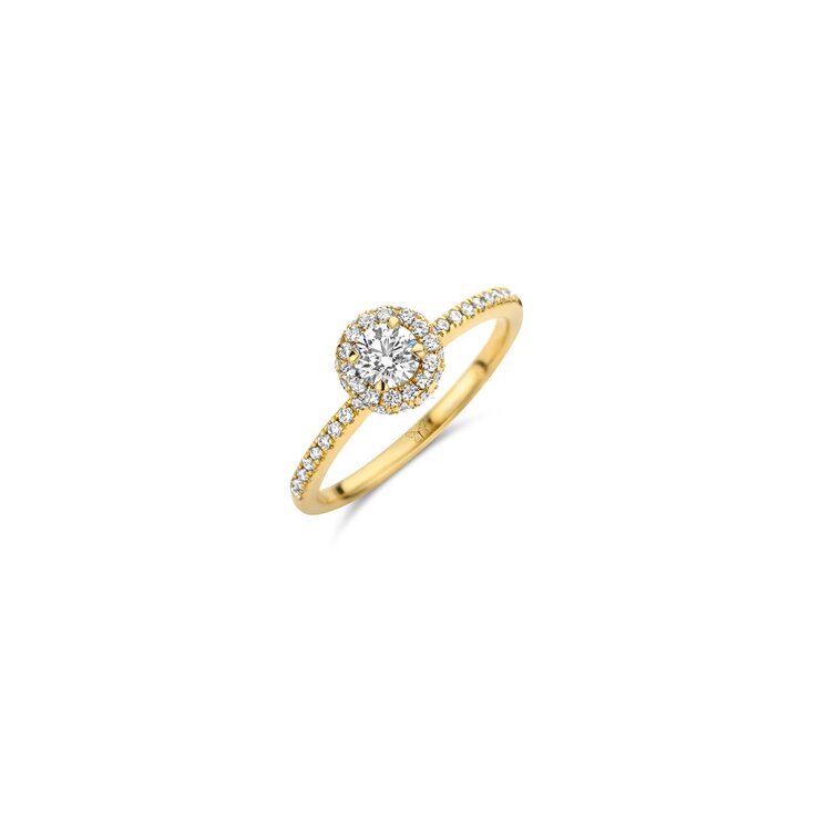 The Exclusive Collection verlovingsring in geel goud 18kt met briljant (ronde diamant) van 0,30 karaat als hoofdsteen omringd door briljanten van 0,32 karaat