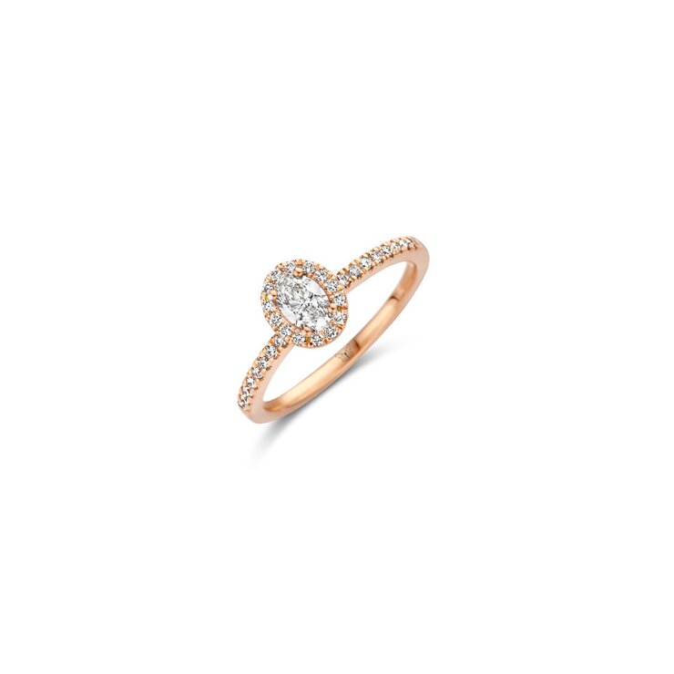 The Exclusive Collection verlovingsring in rosé goud 18kt met ovalen diamant van 0,30 karaat als hoofdsteen omringd door briljanten van 0,24 karaat