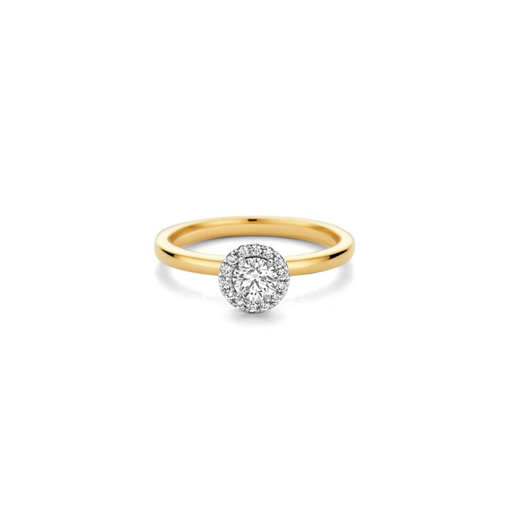 The Exclusive Collection verlovingsring in geel goud 18kt met briljant (ronde diamant) van 0.33 karaat als hoofdsteen omringd door briljanten van 0,08 karaat