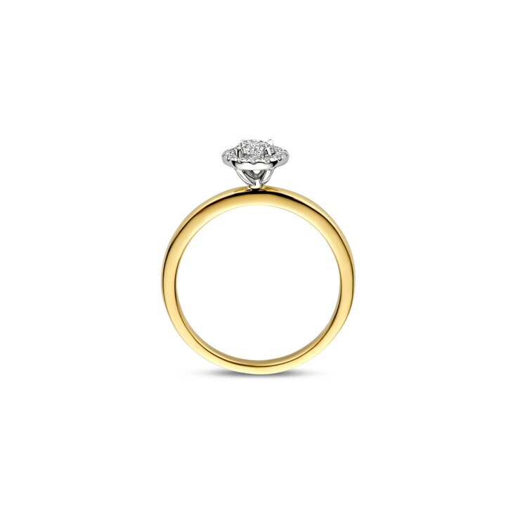 The Exclusive Collection verlovingsring in geel goud 18kt met briljant (ronde diamant) van 0.33 karaat als hoofdsteen omringd door briljanten van 0,08 karaat