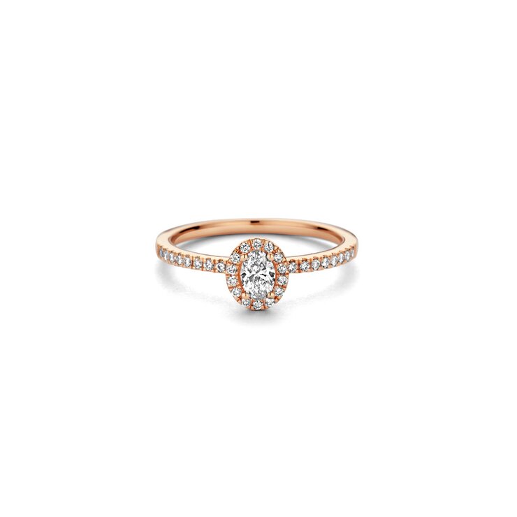 The Exclusive Collection verlovingsring in rosé goud 18kt met ovalen diamant van 0,22 karaat als hoofdsteen omringd door briljanten van 0,21 karaat