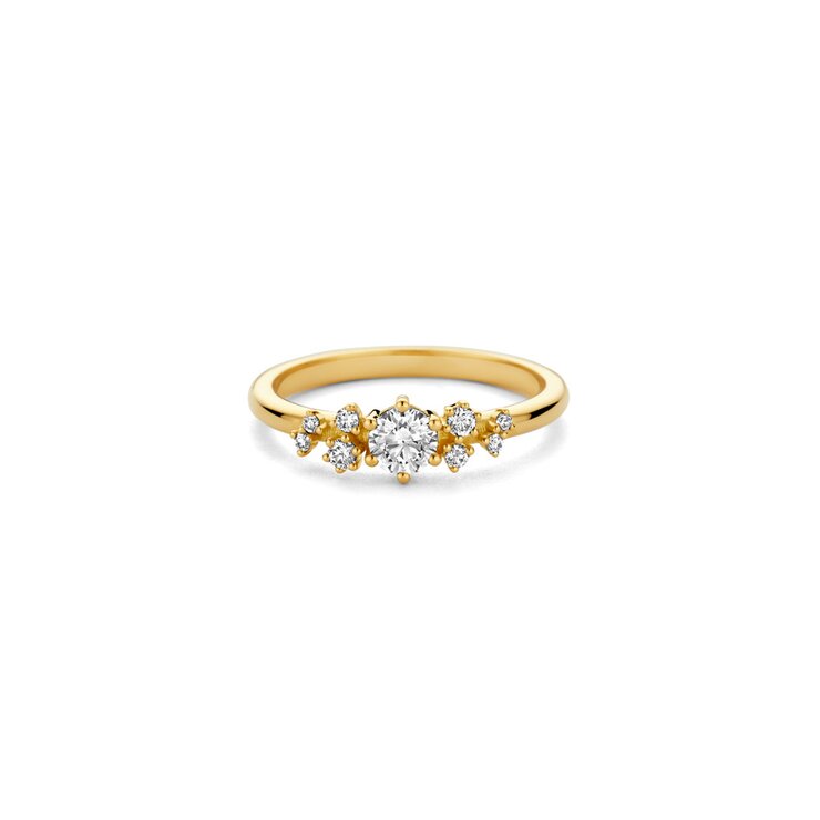 The Exclusive Collection verlovingsring in geel goud 18kt met briljant (ronde diamant) van 0,29 karaat als hoofdsteen omringd door briljanten van 0,11 karaat