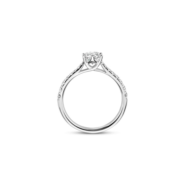 The Exclusive Collection verlovingsring in wit goud 18kt met briljant (ronde diamant) van 0,70 karaat als hoofdsteen omringd door briljanten van 0,29 karaat