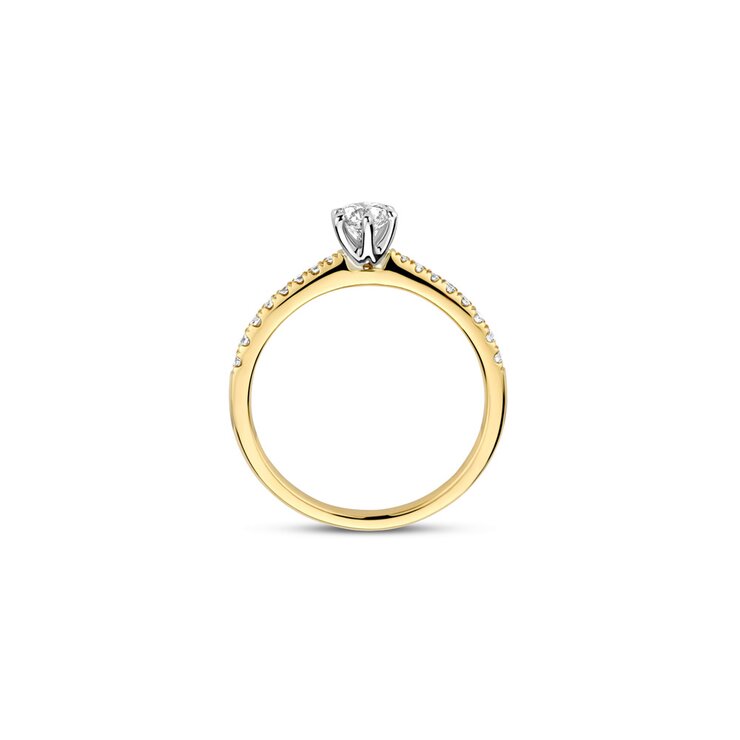 The Exclusive Collection verlovingsring in geel goud 18kt met briljant (ronde diamant) van 0,30 karaat als hoofdsteen omringd door briljanten van 0,14 karaat