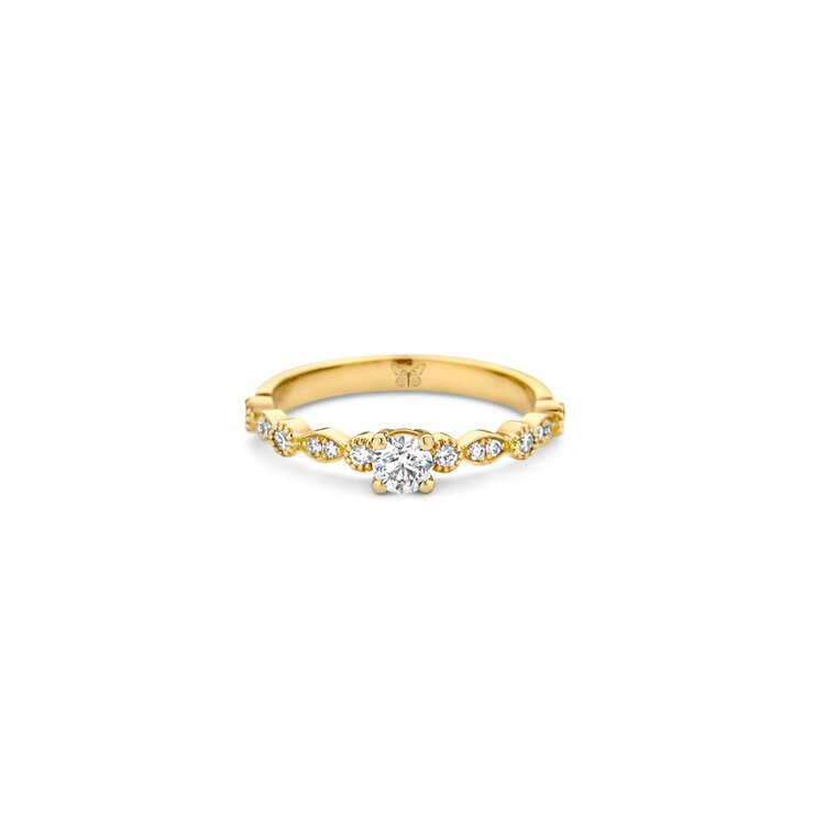 The Exclusive Collection verlovingsring in geel goud 18kt met briljant (ronde diamant) van 0,25 karaat als hoofdsteen omringd door briljanten van 0,19 karaat