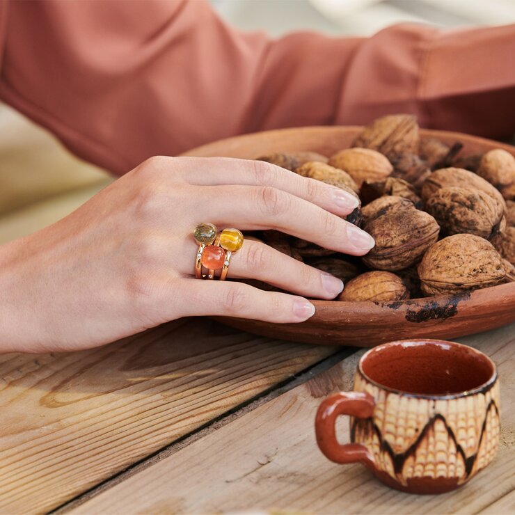 Bigli ring in rosé goud 18kt met bergkristal & tijgeroog omringd door briljanten van 0,02 karaat