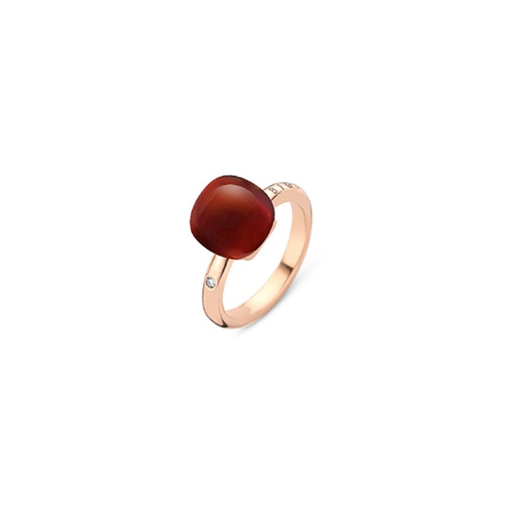 Bigli ring in rosé goud 18kt met quartz fumé & koraal omringd door briljanten van 0,02 karaat