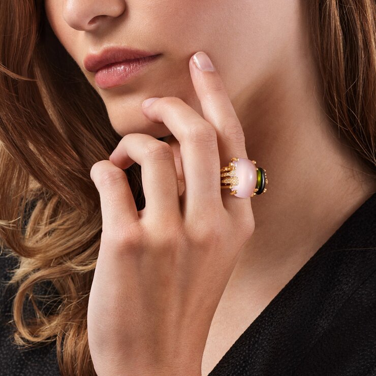 Ole Lynggaard ring in geel goud 18kt met quartz rose & toermalijn omringd door briljanten van 0,43 karaat