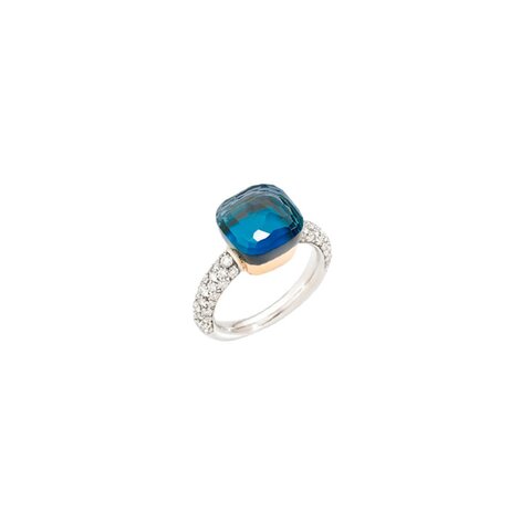 Pomellato ring in wit goud 18kt met topaas london & turquoise omringd door briljanten van 0,73 karaat