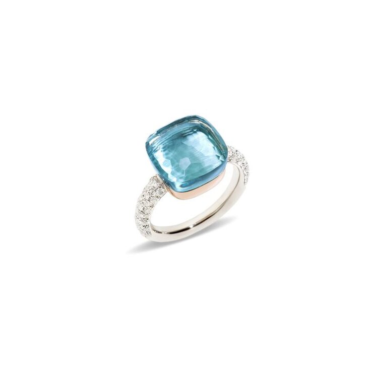 Pomellato ring in wit goud 18kt met topaas blauw omringd door briljanten van 0,73 karaat