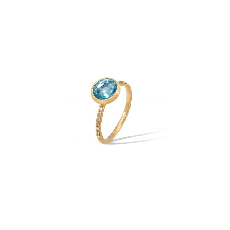 Marco Bicego ring in geel goud 18kt met topaas blauw omringd door briljanten van 0,09 karaat