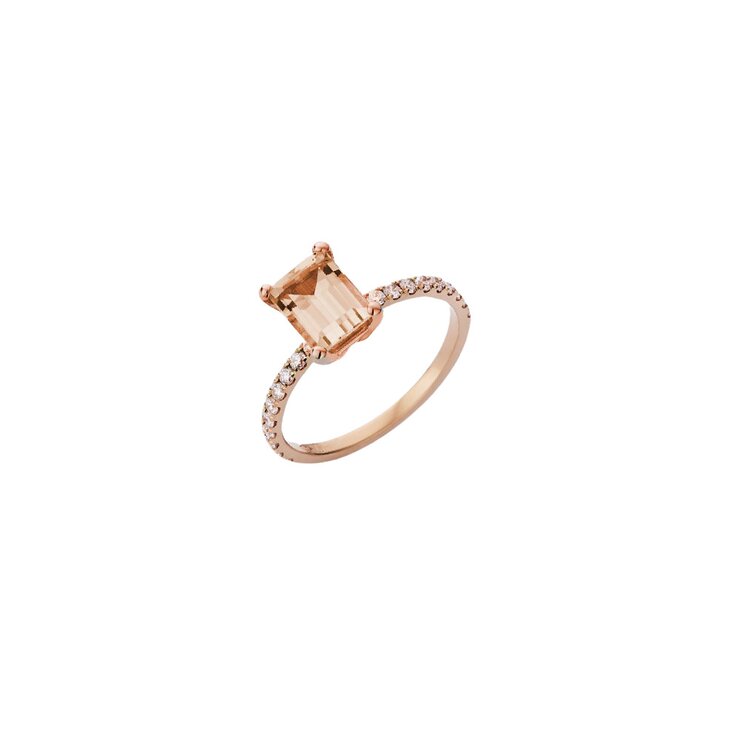 Atelier P. verlovingsring in rosé goud 18kt met morganite omringd door briljanten van 0,21 karaat