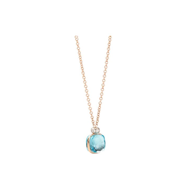 Pomellato ketting in rosé goud 18kt met topaas blauw omringd door briljanten van 0,11 karaat