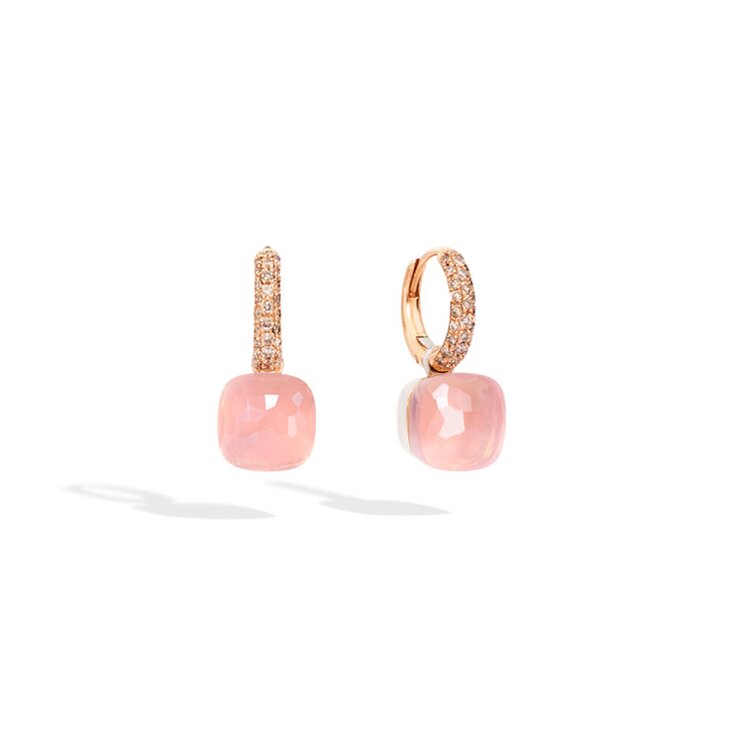 Pomellato oorringen in rosé goud 18kt met quartz rose & calcedoon omringd door bruine briljanten van 0,60 karaat