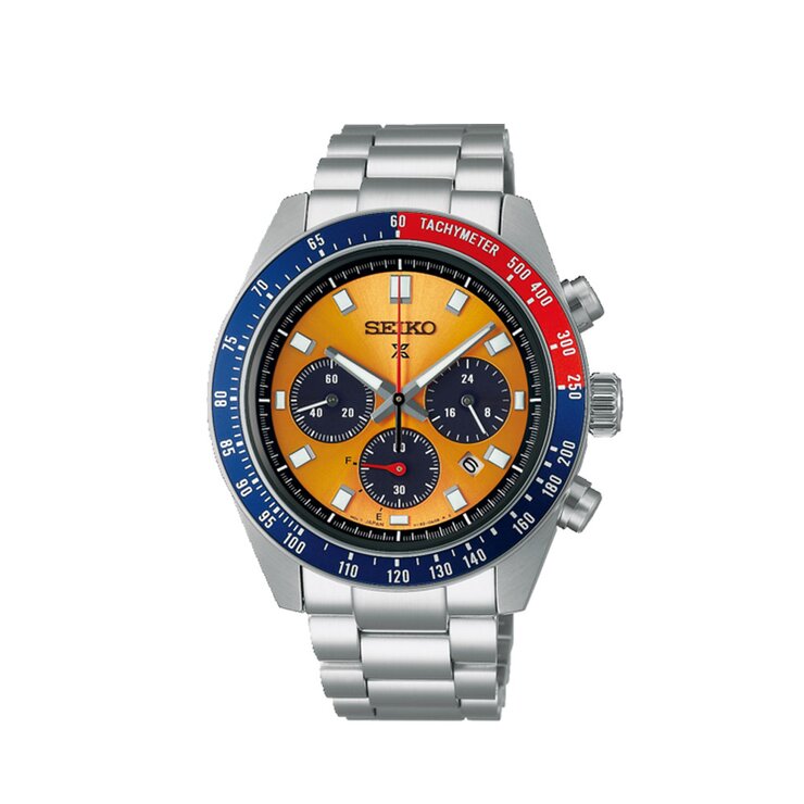 Seiko horloge met een kast in staal, met een wijzerplaat in het oranje en een diameter van 41 mm