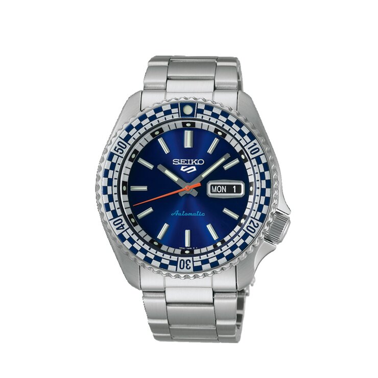 Seiko horloge met een kast in staal, met een wijzerplaat in het blauw en een diameter van 42.5 mm