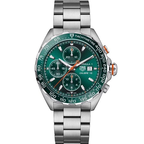 TAG Heuer horloge met een kast in staal, met een wijzerplaat in het groen en een diameter van 44 mm