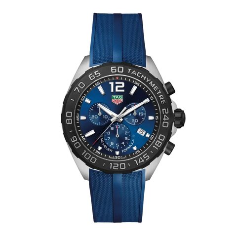 TAG Heuer horloge met een kast in staal, met een wijzerplaat in het blauw en een diameter van 43 mm