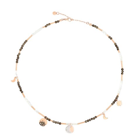 DoDo ketting in rosé goud 9kt met quartz fumé + maansteen en witte en bruine briljant