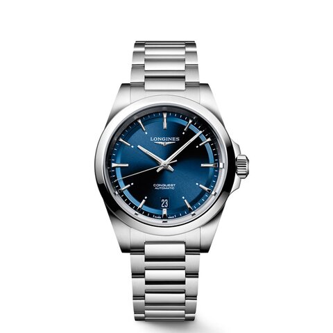 Longines horloge met een kast in staal, met een wijzerplaat in het blauw en een diameter van 38 mm