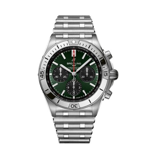 Breitling horloge met een kast in staal, met een wijzerplaat in het groen en een diameter van 42 mm